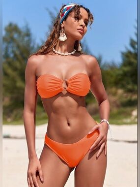 Zaful Orange Bandeau Bikini Set with O Ring Detail   Strapless Tie Back High Cut